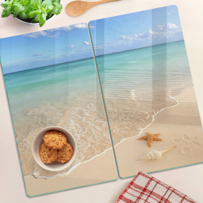 Üveg vágódeszka Strand kagylókkal és hullámokkal