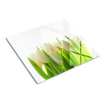 Üveg vágódeszka Tulipánok zöld levelek hátterében