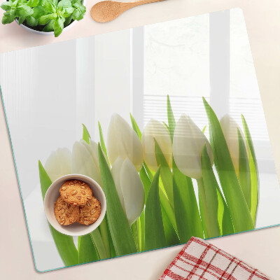 Üveg vágódeszka Tulipánok zöld levelek hátterében
