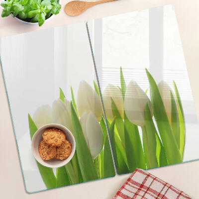 Üveg vágódeszka Tulipánok zöld levelek hátterében