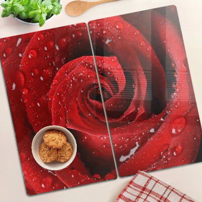Edzett üveg vágódeszka Vörös rózsa vízcseppekkel