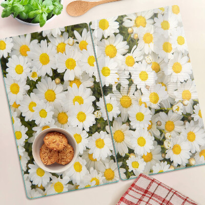 Edzett üveg vágódeszka Margaréták fehér alapon