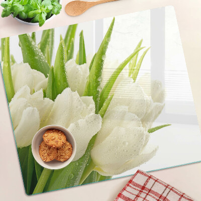 Edzett üveg vágódeszka Tulipánok a vízcseppekben