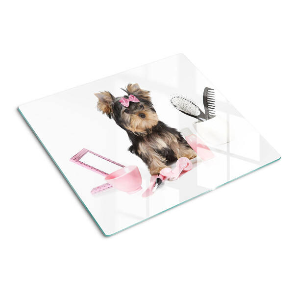 Üveg vágódeszka Yorkshire Terrier ápolási kellékekkel