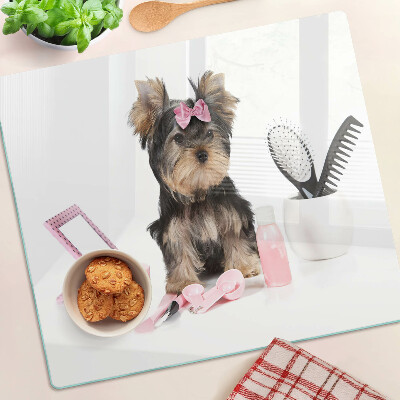 Üveg vágódeszka Yorkshire Terrier ápolási kellékekkel