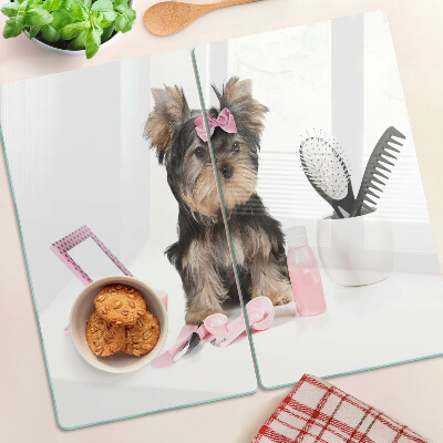 Üveg vágódeszka Yorkshire Terrier ápolási kellékekkel