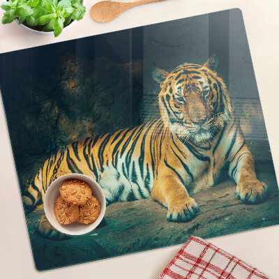 Edzett üveg vágódeszka Tigris fekszik a sziklákon