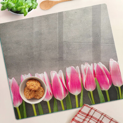 Üveg vágódeszka Tulipánok szürke háttéren