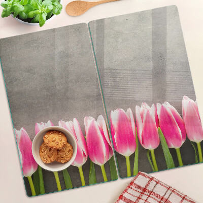 Üveg vágódeszka Tulipánok szürke háttéren