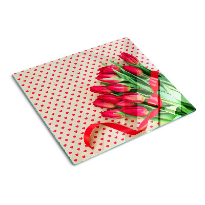 Üveg vágódeszka Tulipánok szívekkel és szalaggal