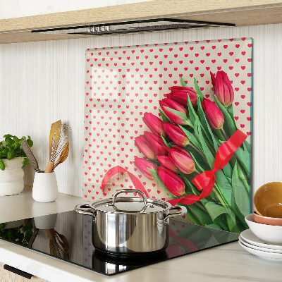 Üveg vágódeszka Tulipánok szívekkel és szalaggal