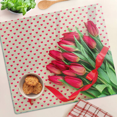 Üveg vágódeszka Tulipánok szívekkel és szalaggal