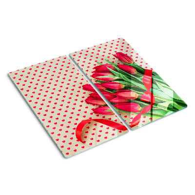 Üveg vágódeszka Tulipánok szívekkel és szalaggal