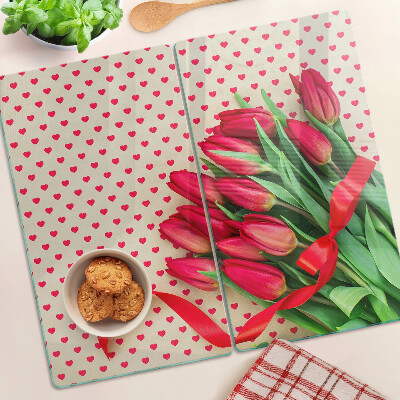 Üveg vágódeszka Tulipánok szívekkel és szalaggal