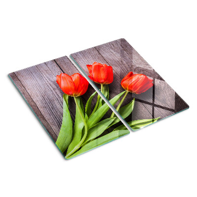 Üveg vágódeszka Tulipánok fa háttéren