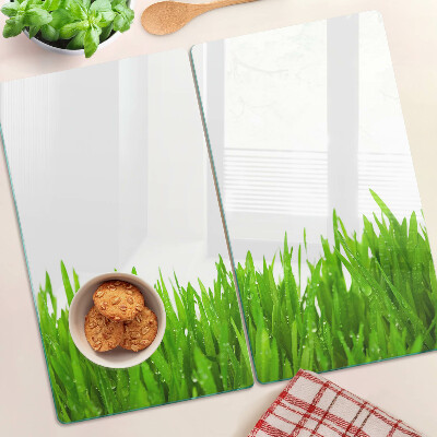 Üveg vágódeszka Zöld fű vízcseppekkel