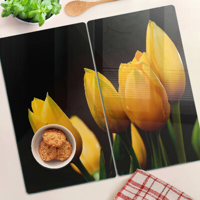 Edzett üveg vágódeszka Sárga tulipánok fekete alapon