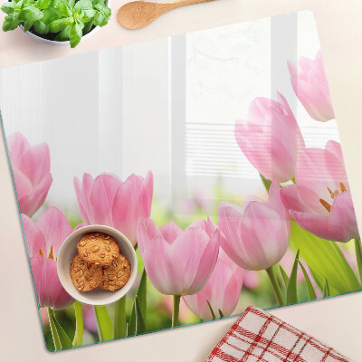 Edzett üveg vágódeszka Rózsaszín tulipánok a kertben