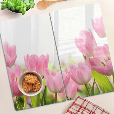 Edzett üveg vágódeszka Rózsaszín tulipánok a kertben