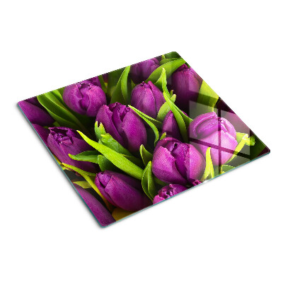 Edzett üveg vágódeszka Lila tulipánok zöld levelekkel