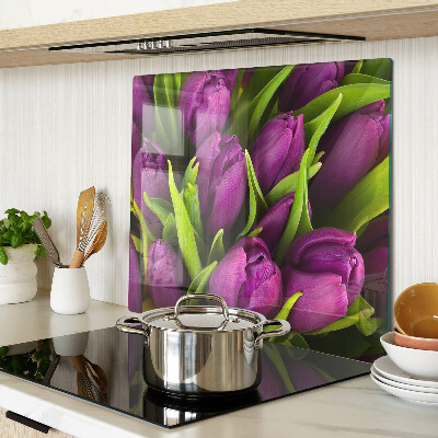 Edzett üveg vágódeszka Lila tulipánok zöld levelekkel