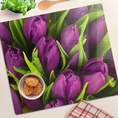 Edzett üveg vágódeszka Lila tulipánok zöld levelekkel