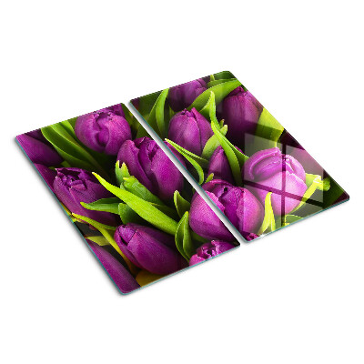 Edzett üveg vágódeszka Lila tulipánok zöld levelekkel