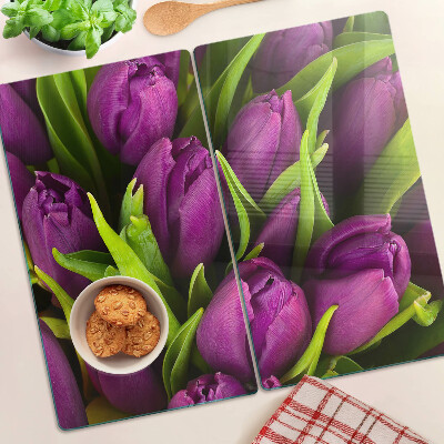 Edzett üveg vágódeszka Lila tulipánok zöld levelekkel