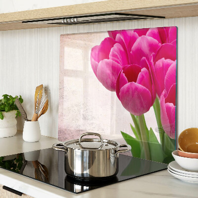Edzett üveg vágódeszka Tulipán virágok rózsaszín háttérrel
