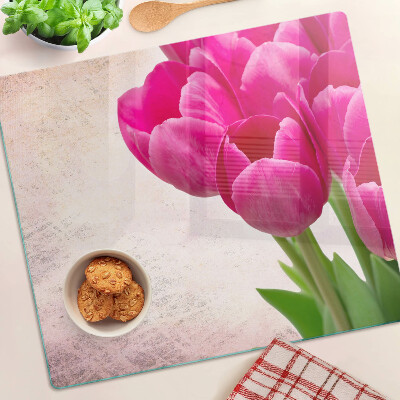 Edzett üveg vágódeszka Tulipán virágok rózsaszín háttérrel