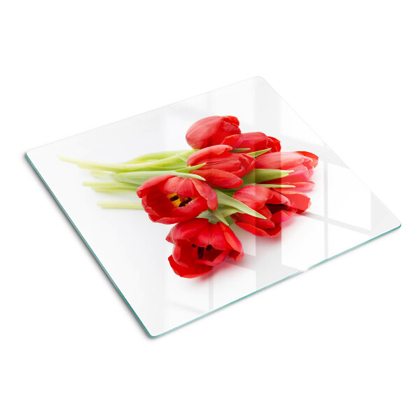 Edzett üveg vágódeszka Piros tulipánok fehér alapon