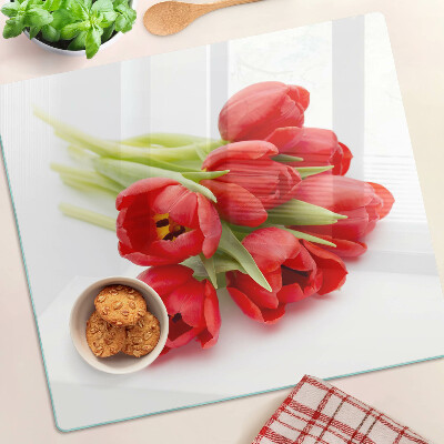 Edzett üveg vágódeszka Piros tulipánok fehér alapon