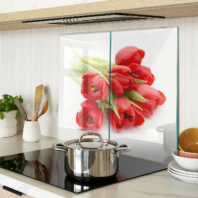 Edzett üveg vágódeszka Piros tulipánok fehér alapon