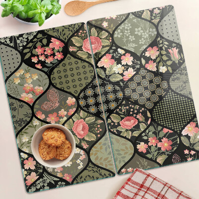 Üveg vágódeszka Virágos patchwork geometrikus mintákkal