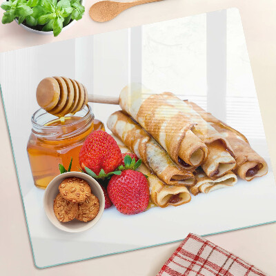 Edzett üveg vágódeszka Palacsinta mézzel és eperrel