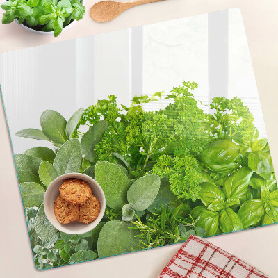 Üveg vágódeszka Zöld fűszernövények és levelek