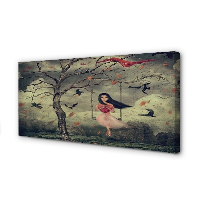 Canvas képek Fa madarak felhők girl rock