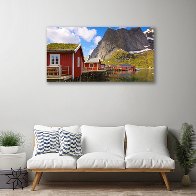 Vászonkép falra Házak tó hegyek táj
