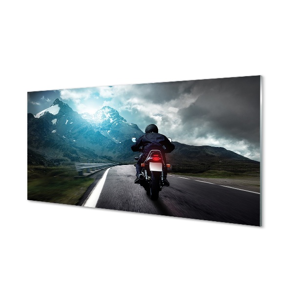 Üvegképek Motorkerékpár hegyi úton férfi ég