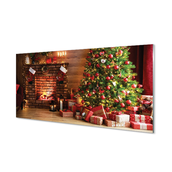 Konyhai üveg panel Kandalló ajándékok karácsonyfa fényei