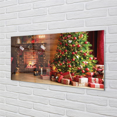 Konyhai üveg panel Kandalló ajándékok karácsonyfa fényei