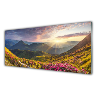 Konyhai hátfal panel Sun mountain meadow landscape