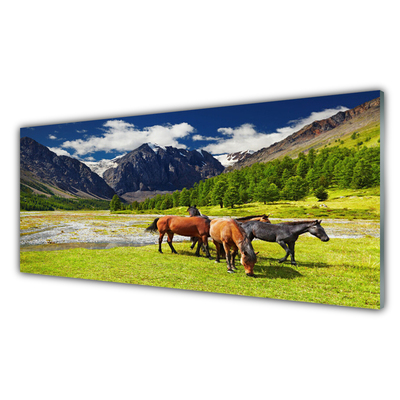 Konyhai falvédő panel Hegység fák lovak állatok