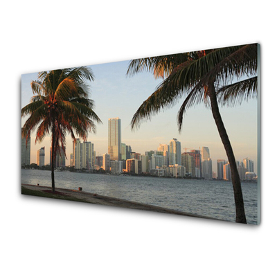 Konyhai falvédő panel Tropical palm city-tenger