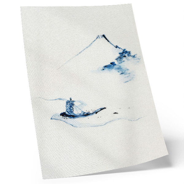 Poszter nyomtatás Férfi egy kis csónakban egy folyón, a háttérben a Fuji-heggyel (1830–1850), Hokusai
