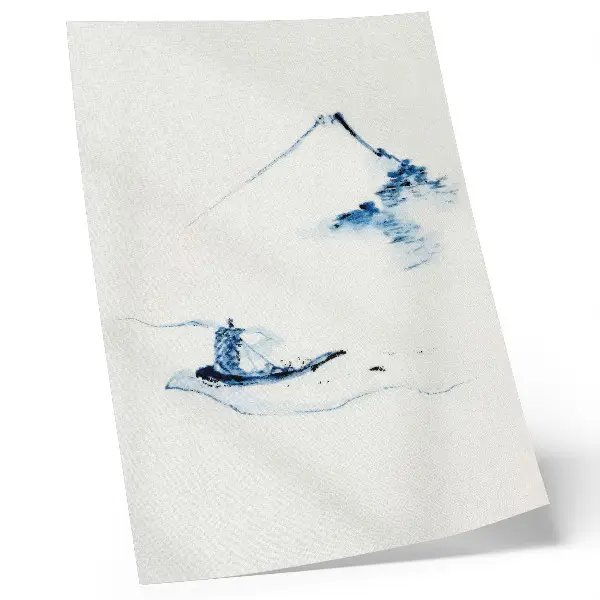 Poszter nyomtatás Hokusai: Férfi egy kis csónakban a folyón, a háttérben a Fuji-heggyel (1830–1850)