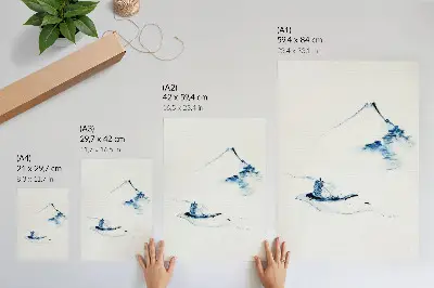 Poszter nyomtatás Hokusai: Férfi egy kis csónakban a folyón, a háttérben a Fuji-heggyel (1830–1850)