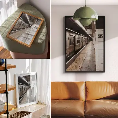 Poszter modern metróperon dinamikus építészeti térrel