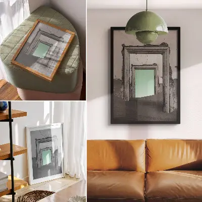 Poszter nyomtatás zöld sivatagi elhagyatott épületek szürrealista ábrázolással