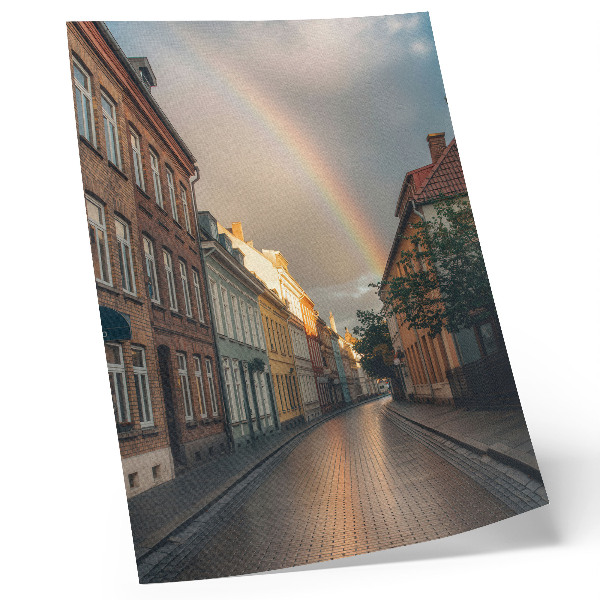 Retro plakát Színes bérházak, szivárvány, felhős égbolt